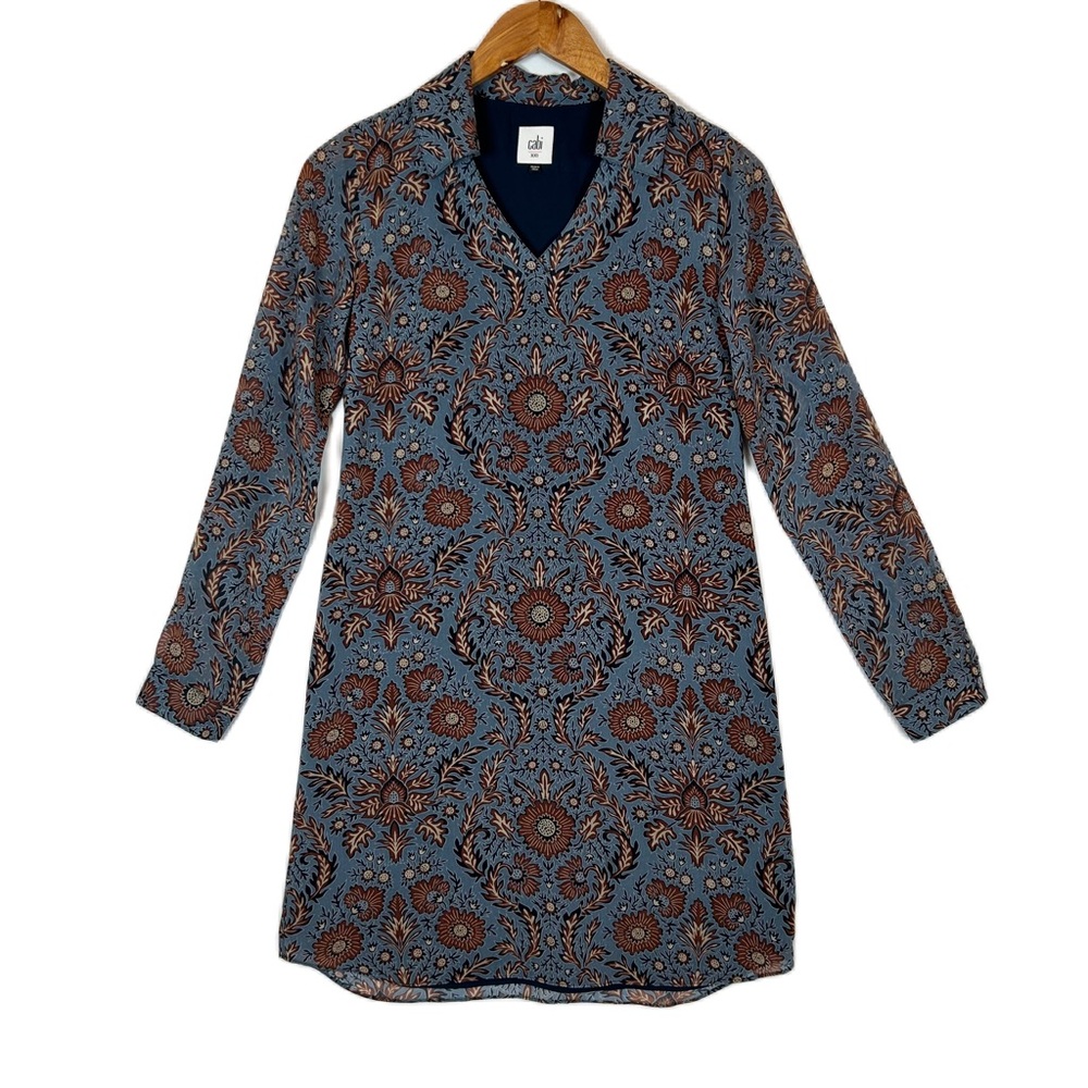 CAbi Women's Blue Patterned‎ Long Sleeve Provincial Shift Dress XXS #3295